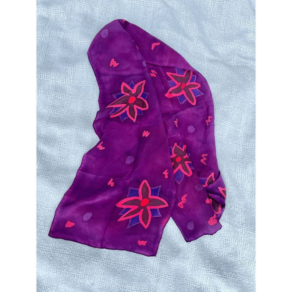 VTGโHand Painted Silk Scarf Boho Artisan Colorful 90s Art Fair